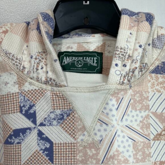 American Eagle Soft Knit Hoodie Pullover Sweater Boho Patchwork Print Sz M - Picture 7 of 10